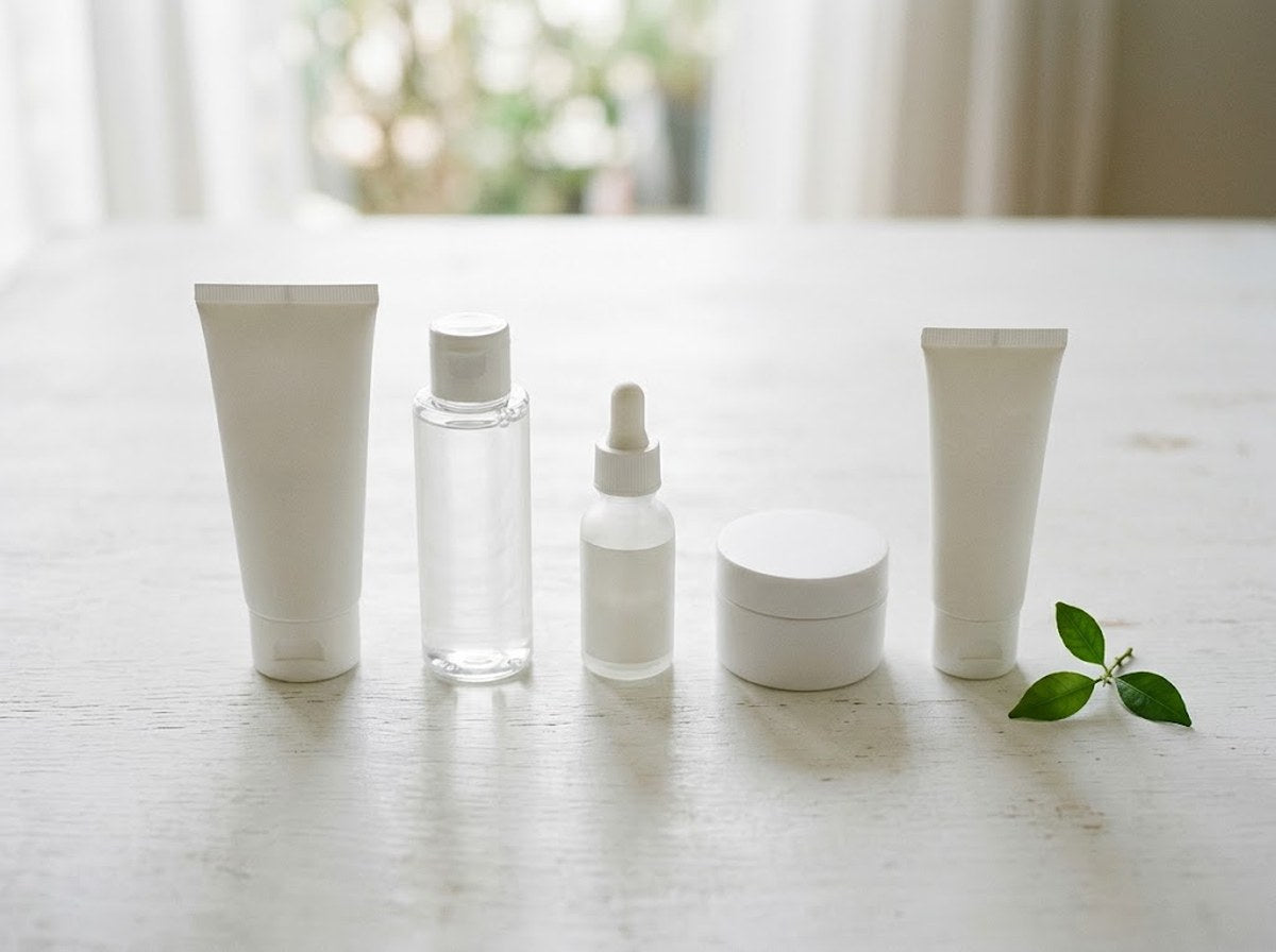 Five-step Korean skincare routine flat lay