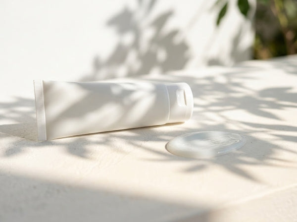 Korean sunscreen tube in summer sunlight with leaf shadows